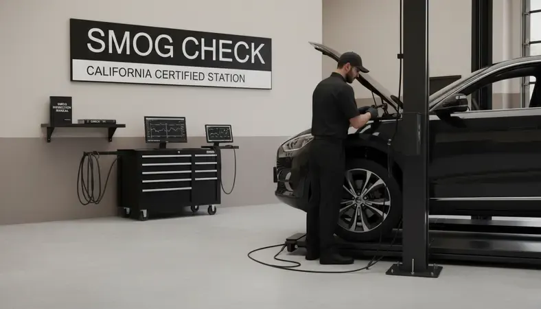 A technician performing a smog check inspection on a vehicle at a certified testing station in California