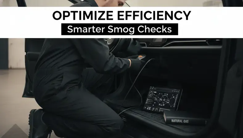 A smog check technician connecting an OBD II diagnostic scanner to a vehicle's port under the dashboard during an emissions test