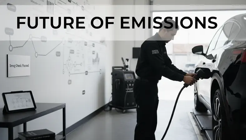 A technician connecting an OBD-II scanner to a vehicle during a smog check inspection at a certified testing station