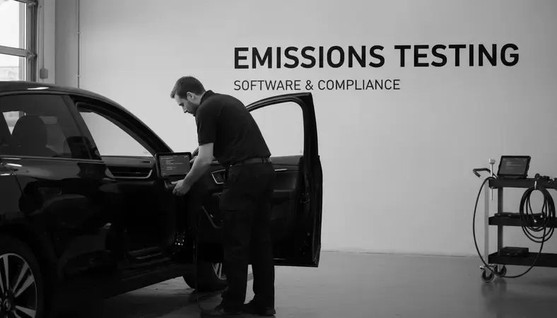 Car parked at a smog check station with a technician connecting an OBD scanner to the vehicle's diagnostic port