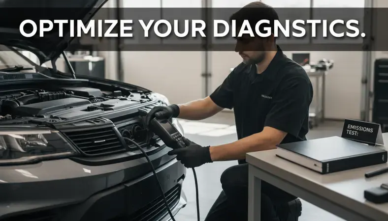 A technician connecting an OBD-II scanner to a vehicle during an emissions test at a certified smog check station