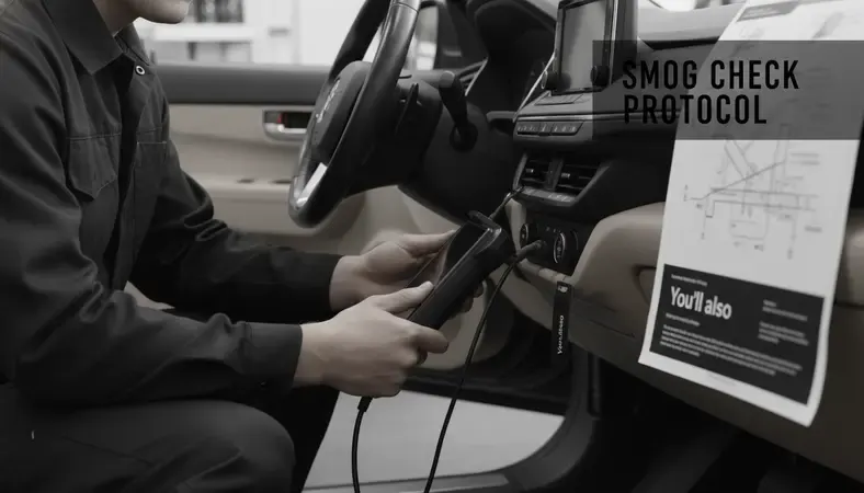 A vehicle's OBD-II port being accessed by a technician with a handheld diagnostic device during a smog check inspection