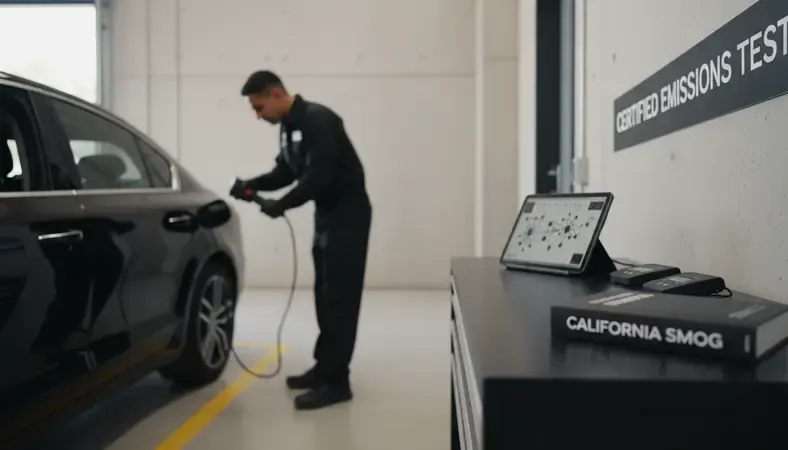 A technician connecting an OBD-II scanner to a vehicle during a California smog check inspection at a certified station
