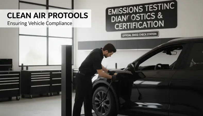 A technician connecting an OBD-II scanner to a car during an emissions inspection at a certified smog check station