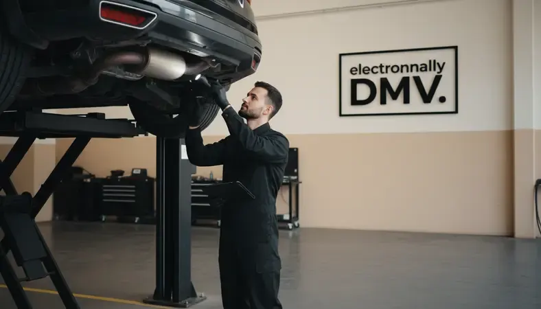 A mechanic inspecting a vehicle's catalytic converter and exhaust system components in an automotive service bay