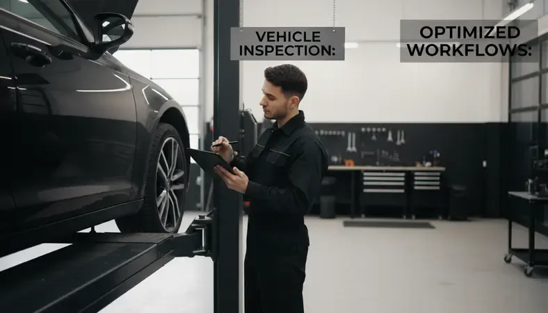 A mechanic performing a vehicle inspection on a car lifted on a hydraulic lift in a professional auto shop