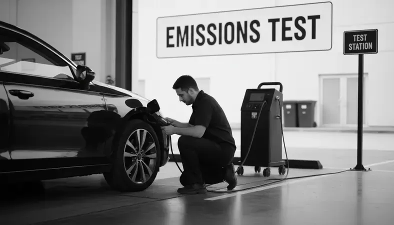 A car parked at an emissions test station with a technician connecting an OBD-II scanner to the vehicle's diagnostic port