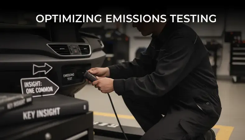 A smog check technician inserting an OBD-II diagnostic tool into a car's port under the dashboard during an emissions test