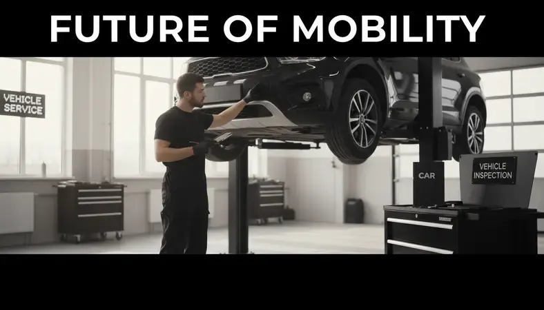 A technician performing a vehicle inspection service on a car lifted on a hydraulic rack in a professional auto shop