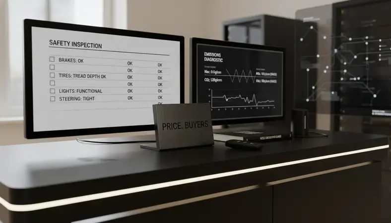 Side-by-side visual showing a safety inspection checklist on the left and an emissions diagnostic readout on the right, illustrating the difference between the two types of vehicle inspections
