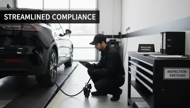 A technician performing an emissions inspection on a car at a certified smog check station