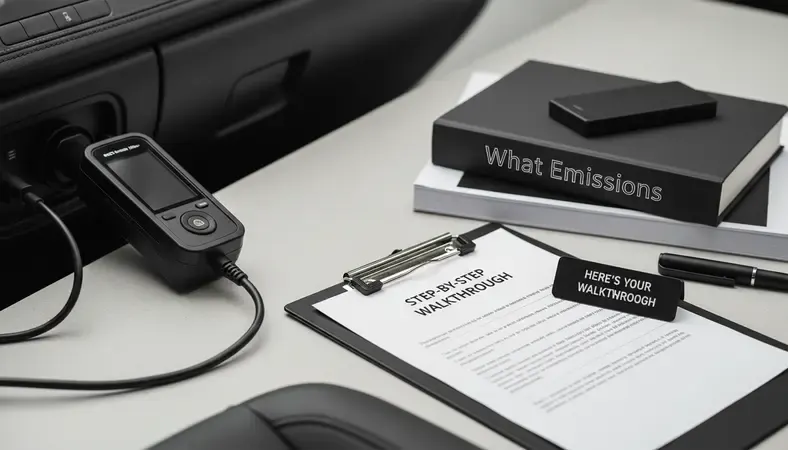 Close-up of an OBD-II diagnostic scanner connected to a car's port during an emissions test