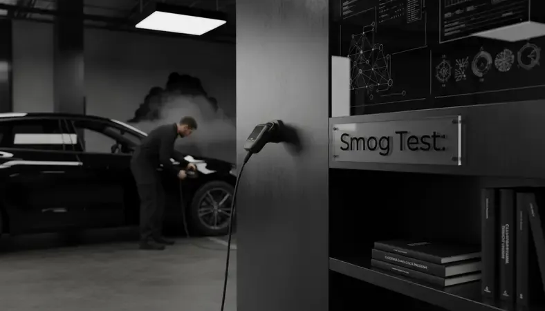 A technician connecting an OBD-II scanner to a vehicle at an emissions testing station