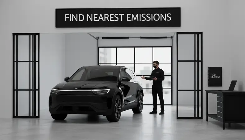 Car pulling into a smog check station for an emissions test, with a technician ready to assist at the service bay
