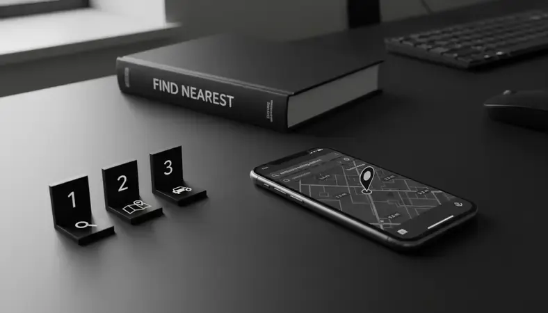 Step-by-step visual showing a smartphone with Google Maps open, searching for the nearest emissions testing station in a city