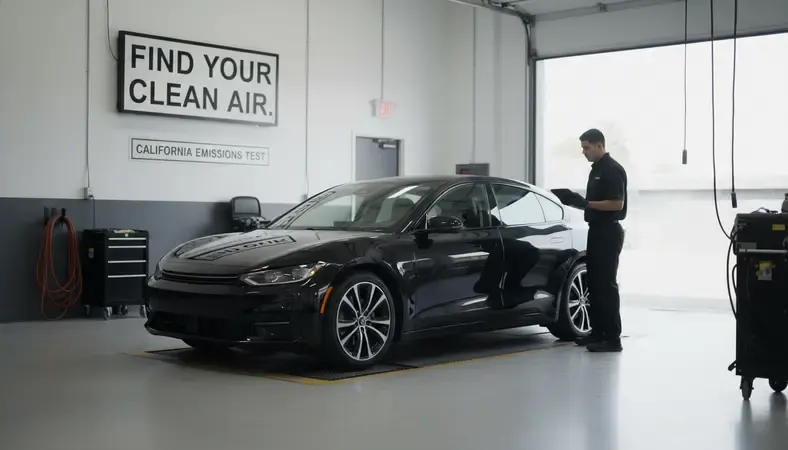 Car pulling into a smog check station for an emissions test in California