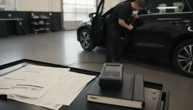 Technician connecting OBD-II scanner to a car during an emissions inspection at a smog check station