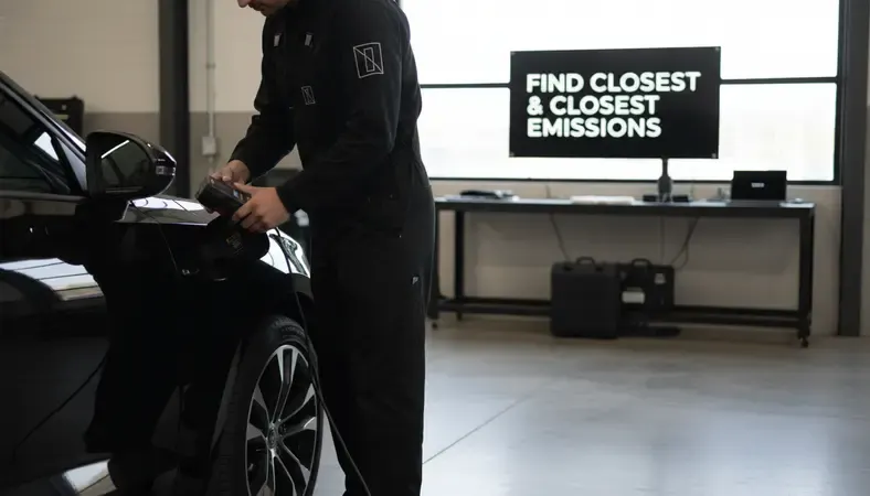 Car at a smog check station with a technician connecting an OBD port reader to a vehicle