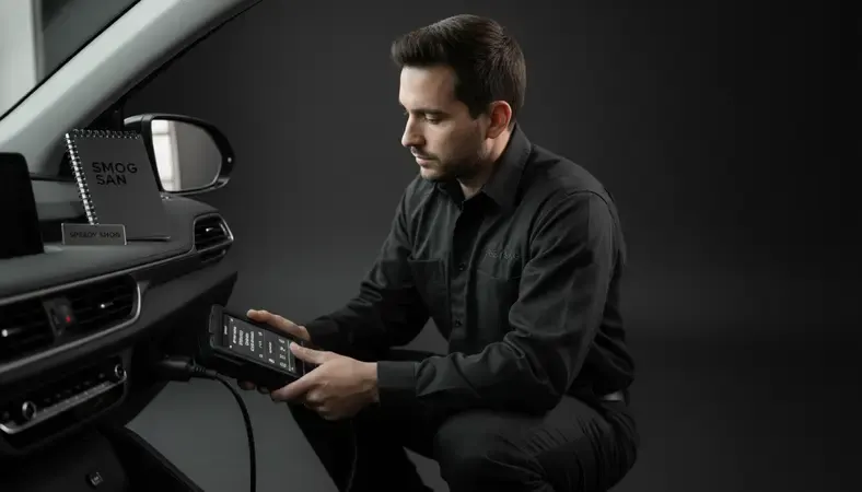 Smog technician running an OBD-II diagnostic scan on a vehicle's dashboard port