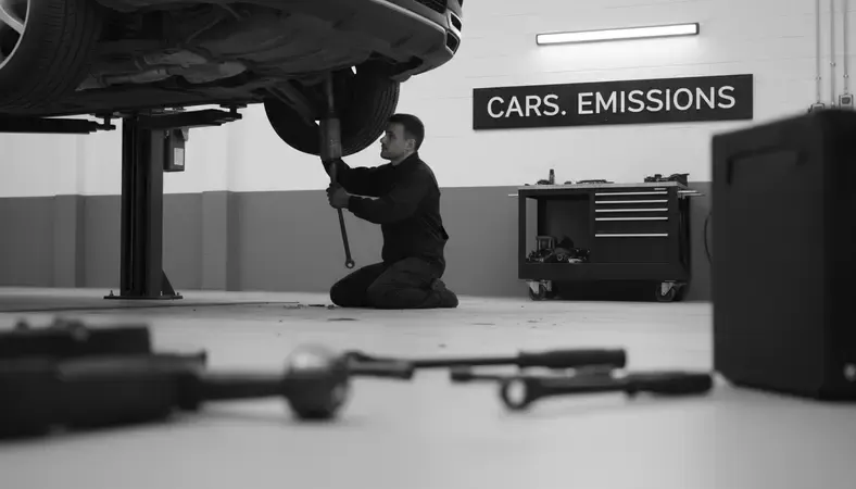 A mechanic replacing a catalytic converter on a raised vehicle in a repair shop