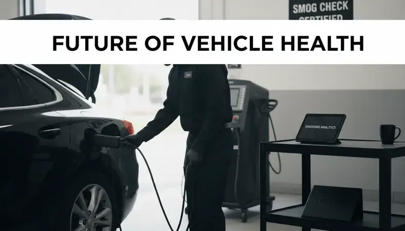 Car at an emissions testing station with technician connecting OBD-II diagnostic equipment to vehicle
