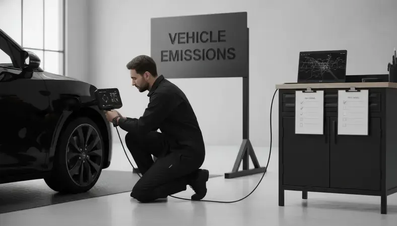 A technician connecting an OBD-II diagnostic scanner to a vehicle during a vehicle emissions testing inspection at a smog check station