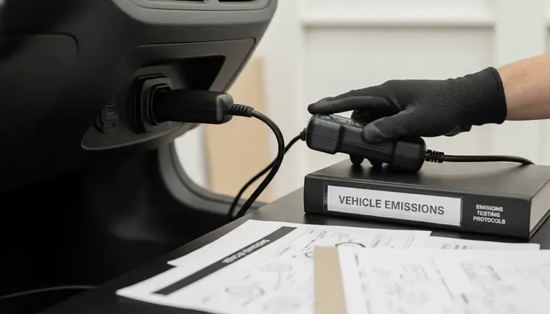 A close-up of an OBD-II diagnostic port under a car dashboard with a scanner plugged in during vehicle emissions testing