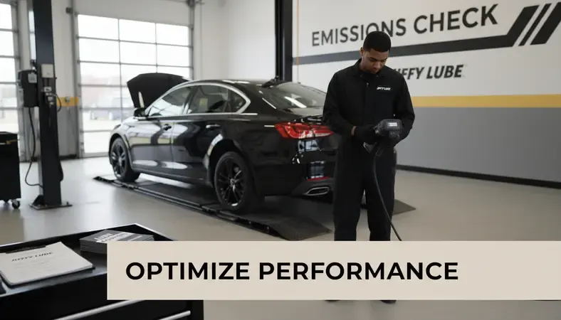 Car at an emissions testing station with a technician checking vehicle exhaust systems