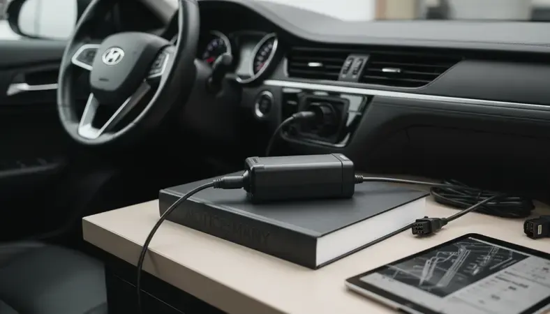 Vehicle OBD-II diagnostic scanner connected to car dashboard port during smog check inspection