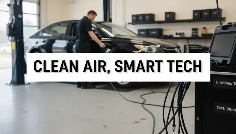 A car being tested at a Connecticut emissions testing station with a technician connecting diagnostic equipment to the vehicle's OBD port