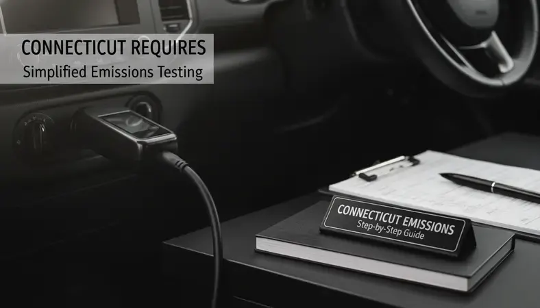 Close-up of an OBD-II diagnostic scanner plugged into a vehicle's dashboard port during a Connecticut emissions test procedure