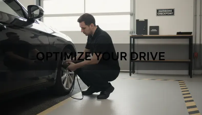 A technician connecting an OBD-II scanner to a car at a vehicle emissions testing station