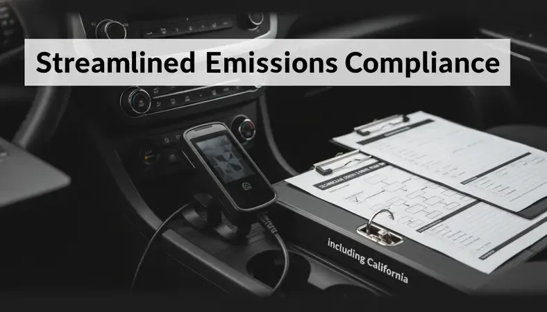 Close-up of an OBD-II diagnostic scanner plugged into a vehicle's dashboard port during an emissions test