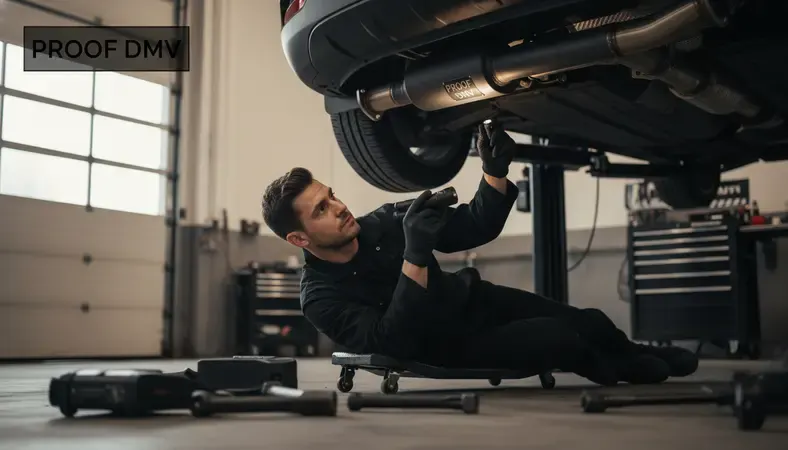A mechanic inspecting a vehicle's catalytic converter and exhaust system in an auto repair shop