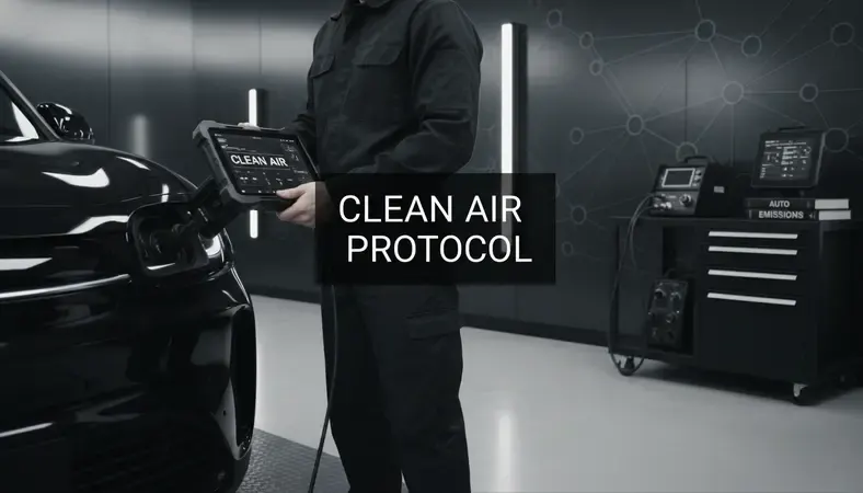 Technician connecting OBD-II diagnostic scanner to a car's port during an auto emissions testing inspection