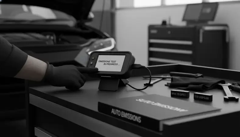 Close-up of an OBD-II port scanner being used during vehicle emissions testing at a smog check station
