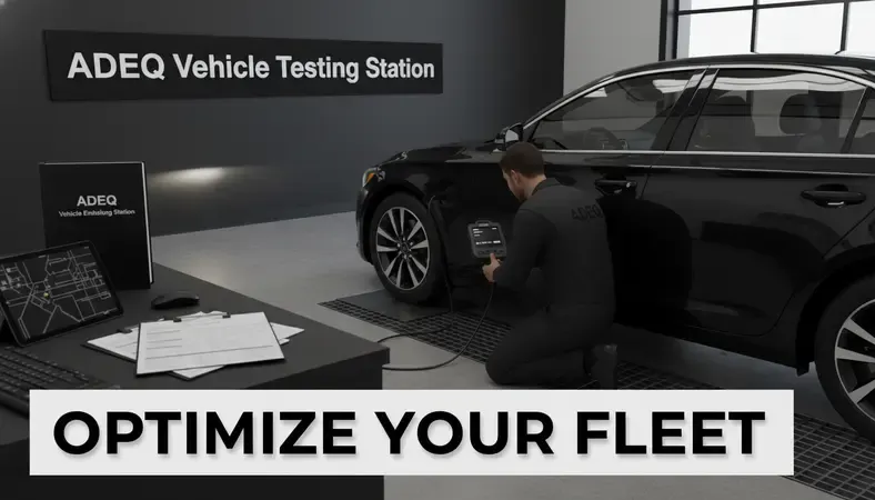 A car at an emissions testing station with a technician connecting an OBD diagnostic scanner to the vehicle