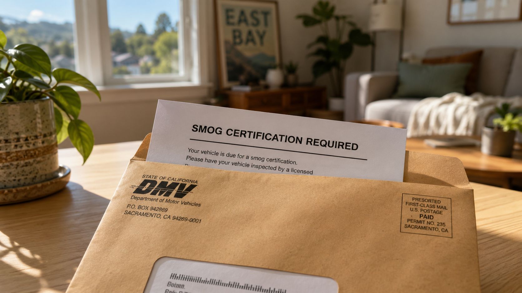 A State of California DMV smog certification notice envelope sitting on a wooden table in a home.