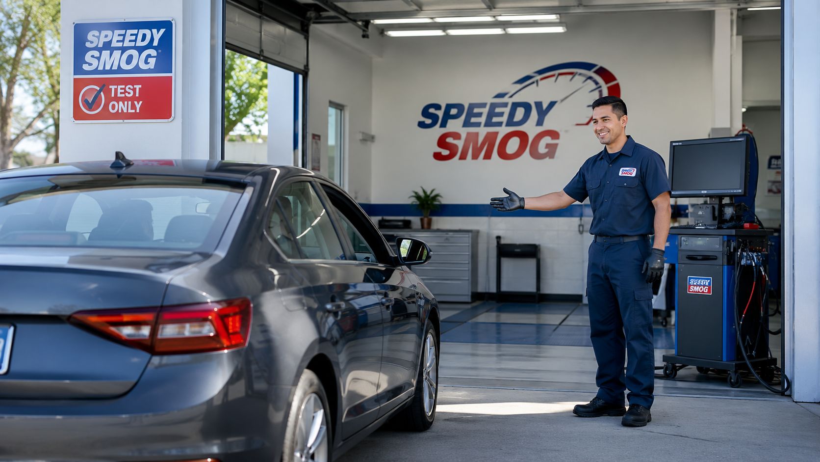 A friendly mechanic in a blue uniform directing a customer car into a professional smog check station.