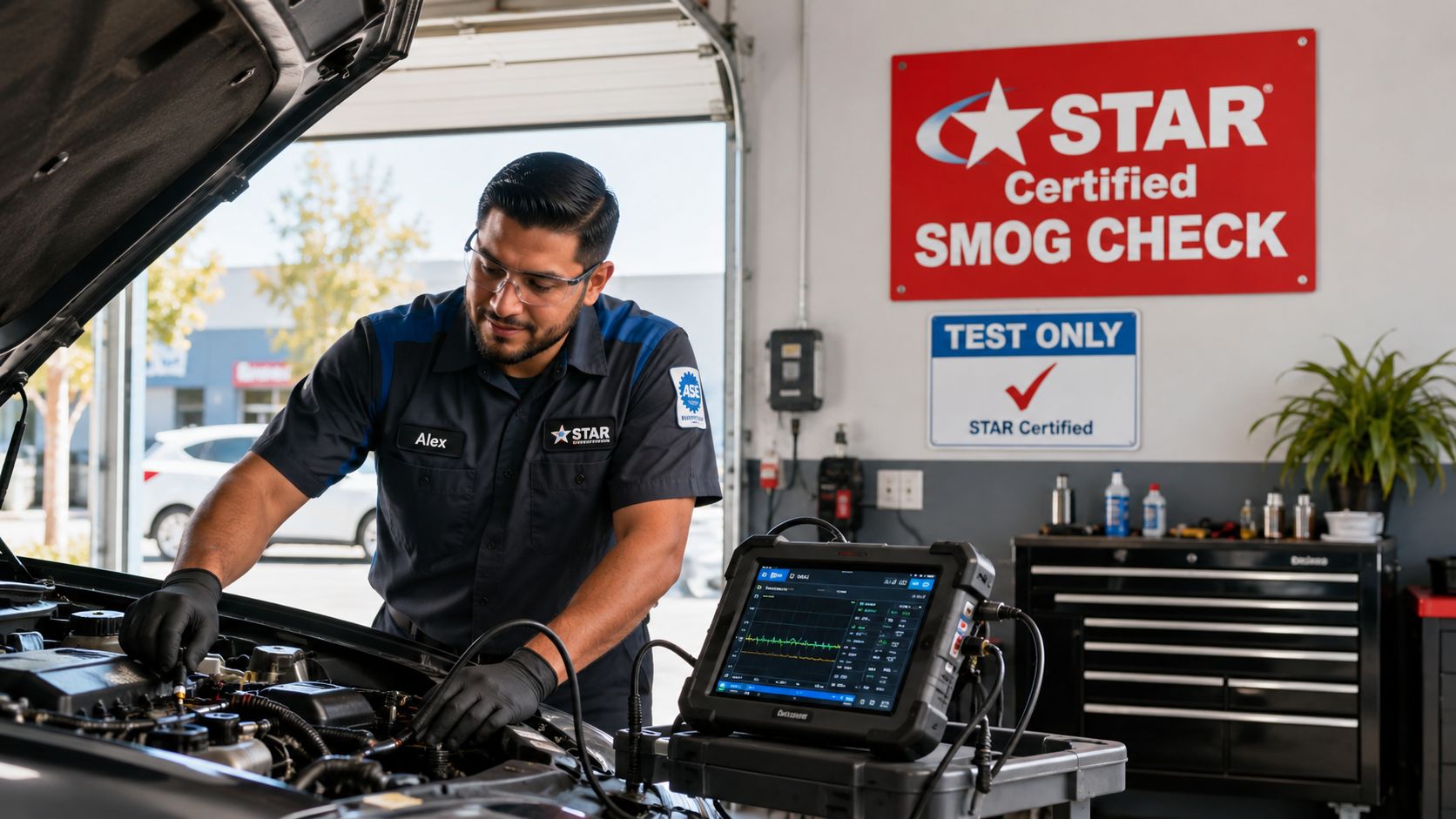 A professional mechanic in a Star Smog Check uniform inspecting a vehicle engine in a shop.