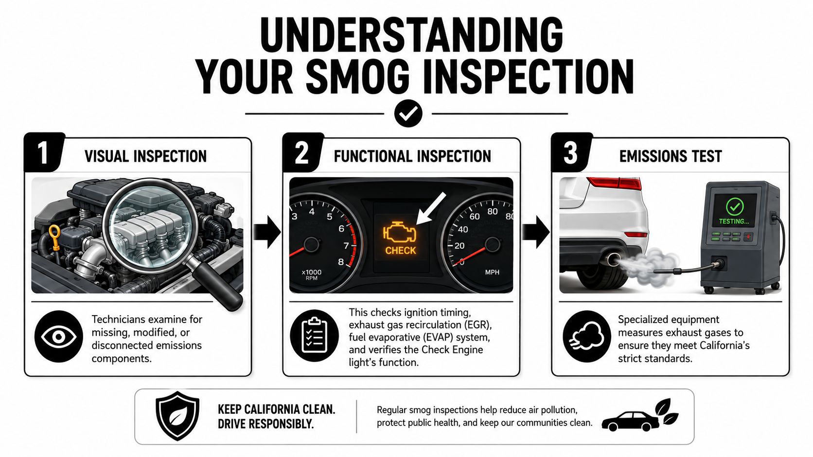 A three-step infographic explaining the components and process of a California state smog inspection for vehicles.