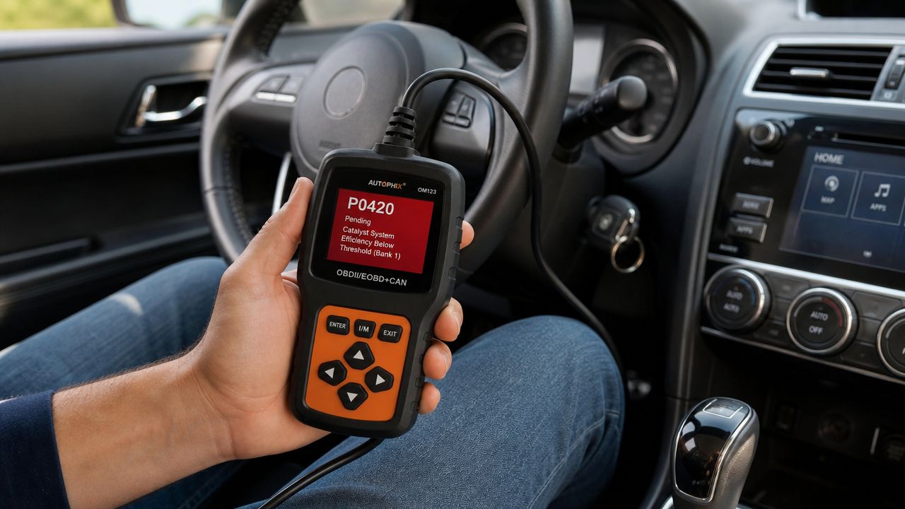 A person holding an OBDII car scanner displaying a P0420 error code inside a vehicle.