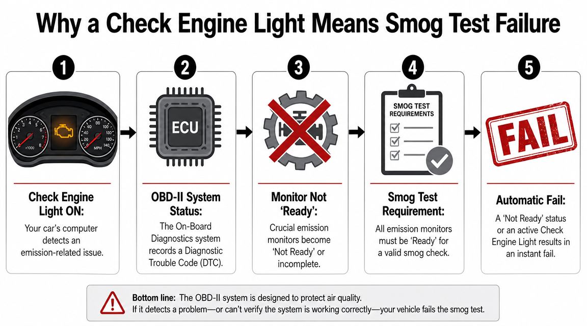 A diagram explaining why a check engine light leads to an automatic smog test failure for vehicles.