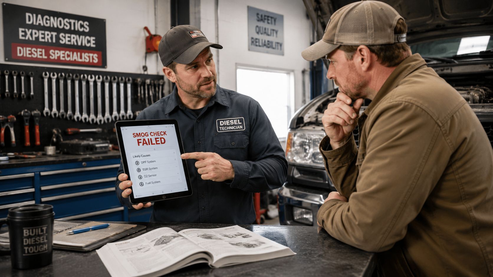 A diesel technician explaining a failed smog check report on a tablet to a concerned customer.
