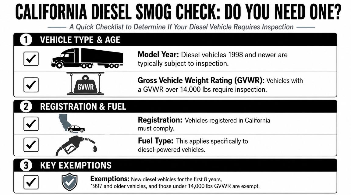 An infographic checklist outlining requirements for California diesel smog checks, including model year, weight, and exemptions.