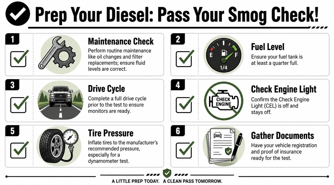 An infographic titled Prep Your Diesel showing six essential steps to prepare a vehicle for a smog check.
