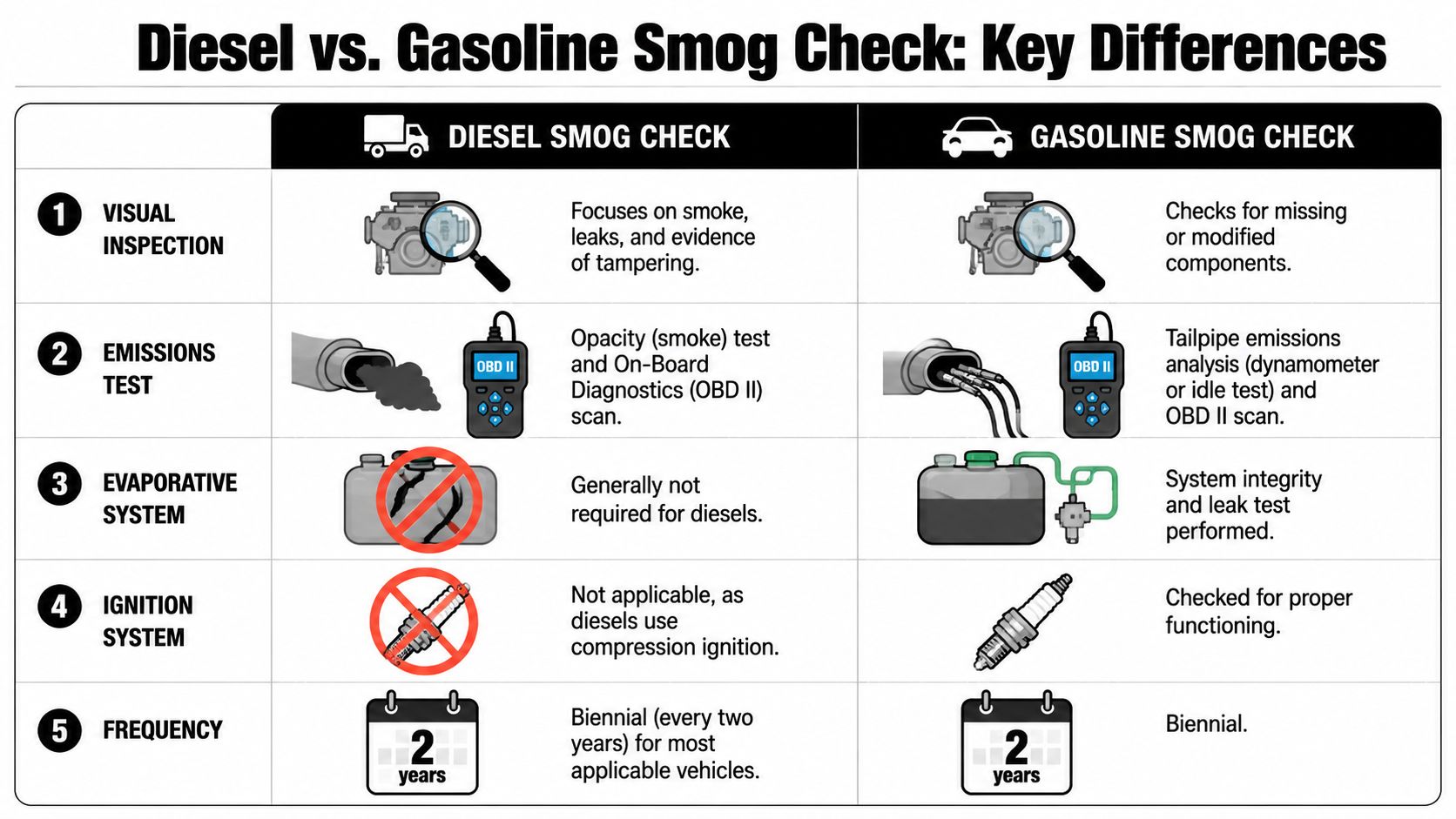 A comparison chart outlining the key differences between diesel and gasoline vehicle smog check procedures.