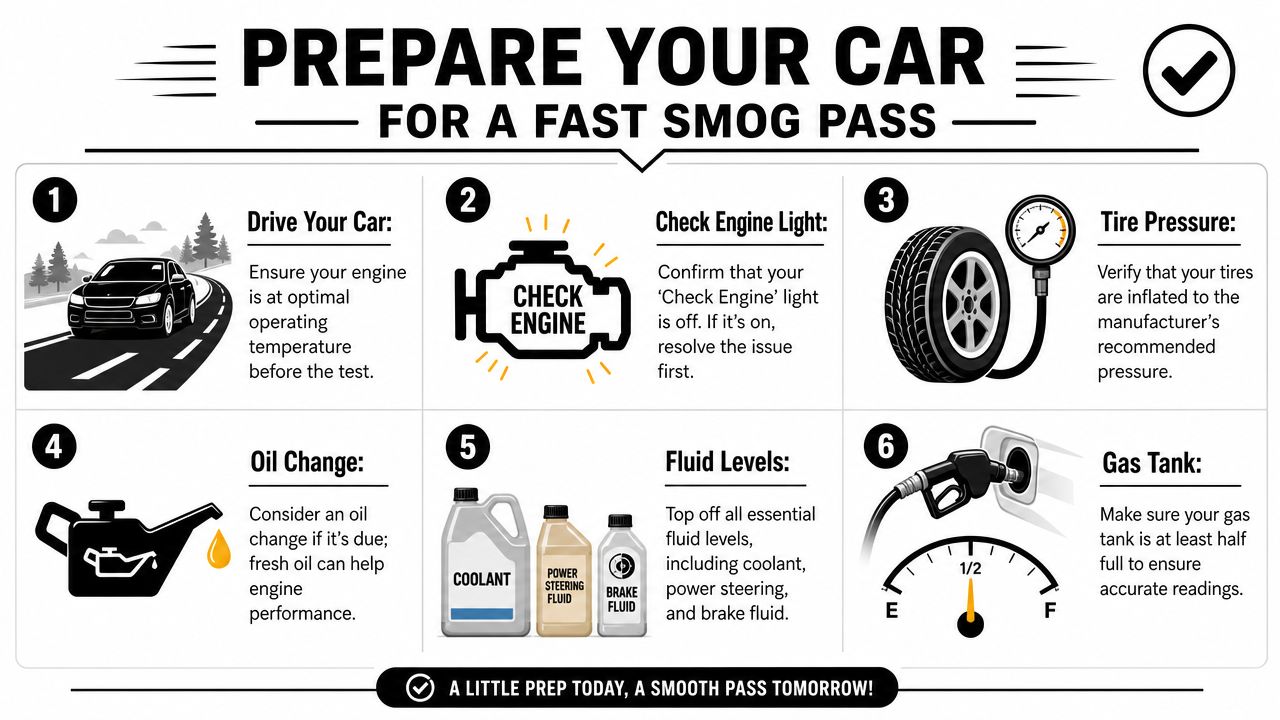 A checklist infographic illustrating six essential steps to prepare a vehicle for a fast smog check pass.