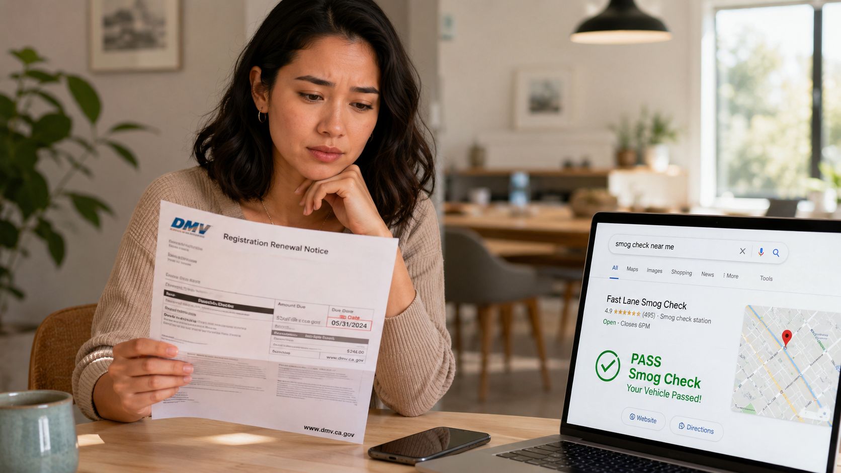A concerned woman reading a DMV registration renewal notice while searching for a smog check on her laptop.