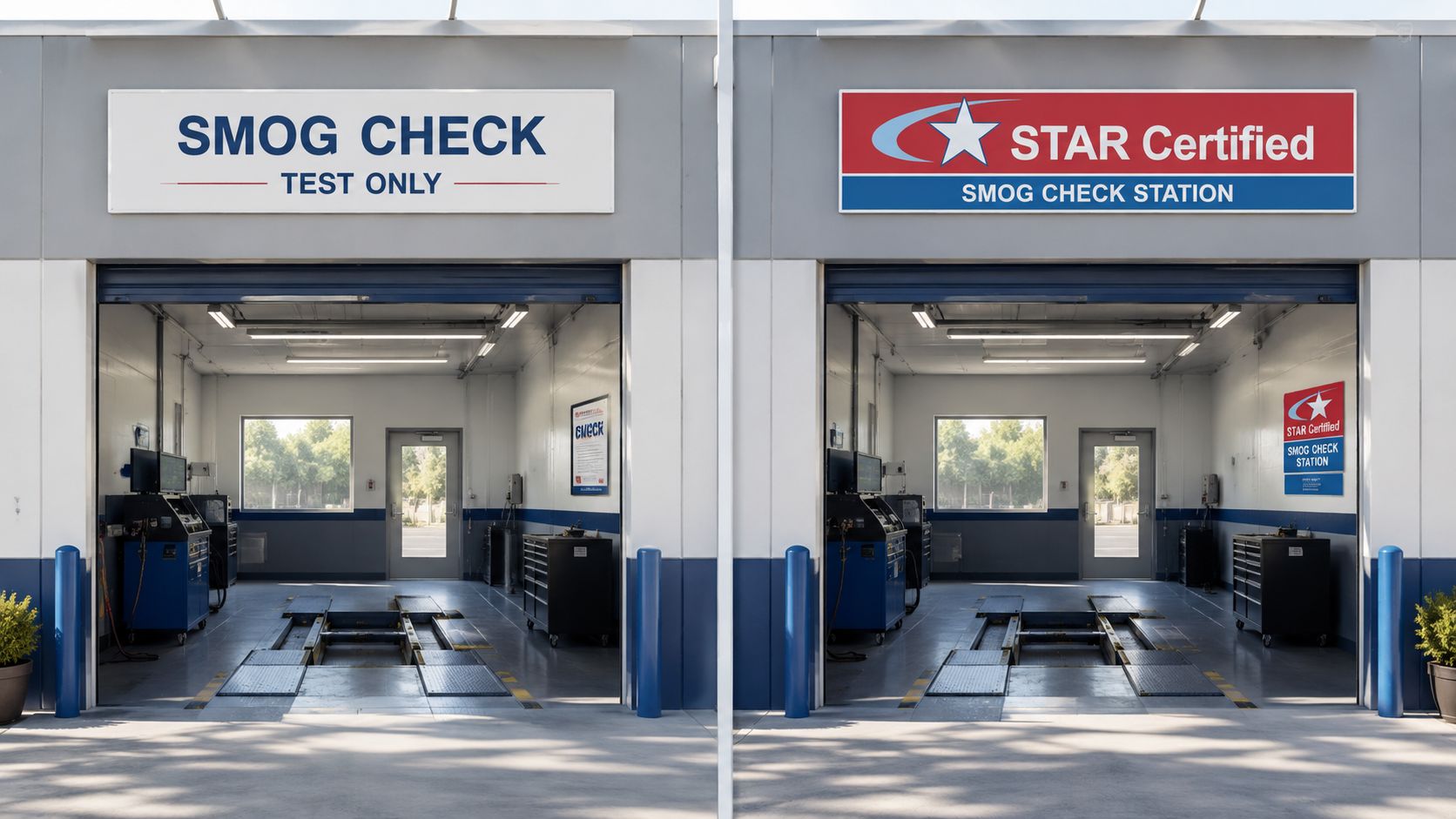 A dual-bay automotive garage facility for professional DMV smog check testing and STAR certified inspections.